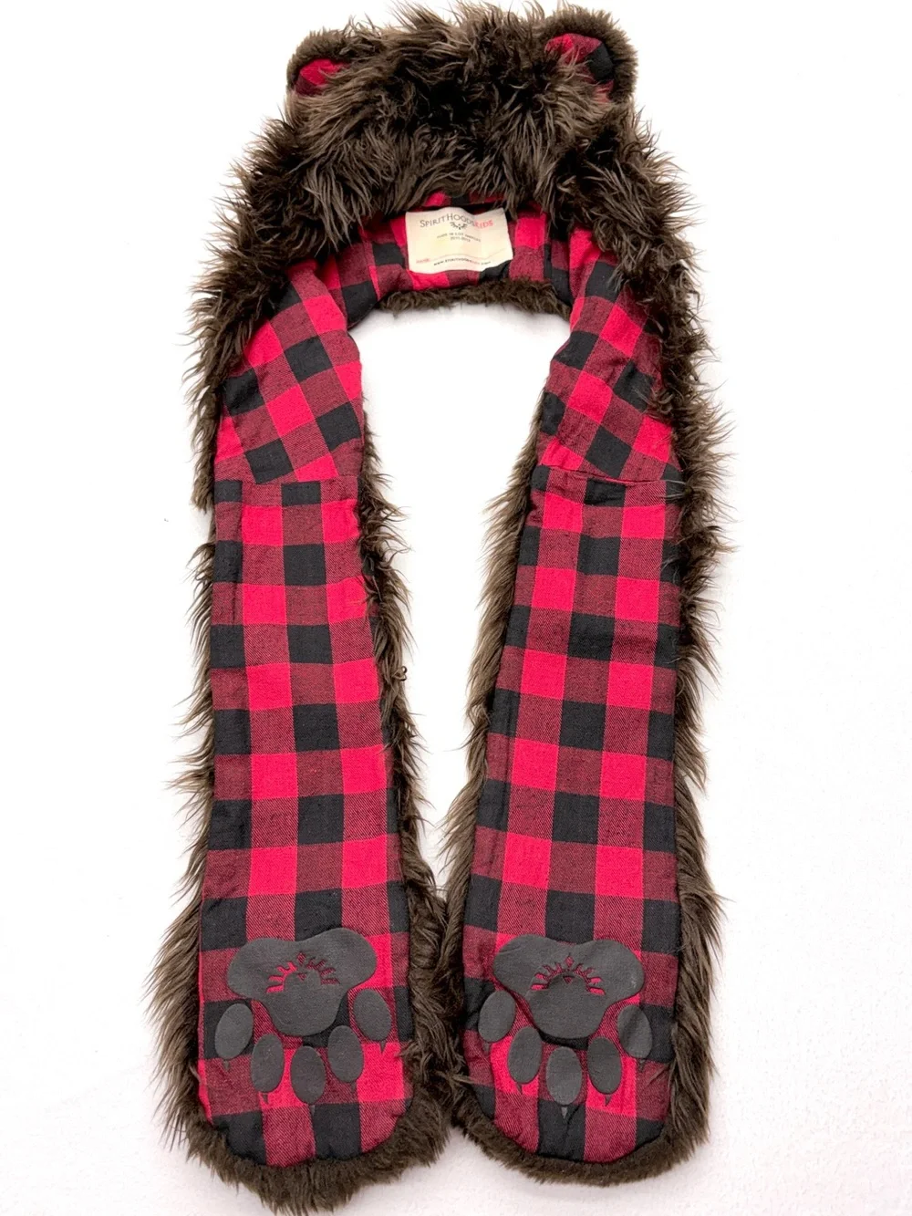 SpiritHoods Kids Brown Bear Hood Scarf Faux Fur Plaid USA Made 2011